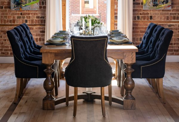 Dalton wood dining table and upholstered chairs